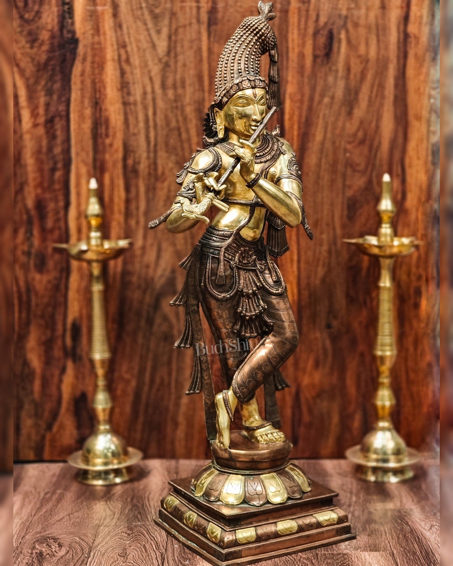 Divine Krishna Murlidhar Idol Superfine Brass | Unique Crown | 35.5 Inch/ 3 feet - Budhshiv.com