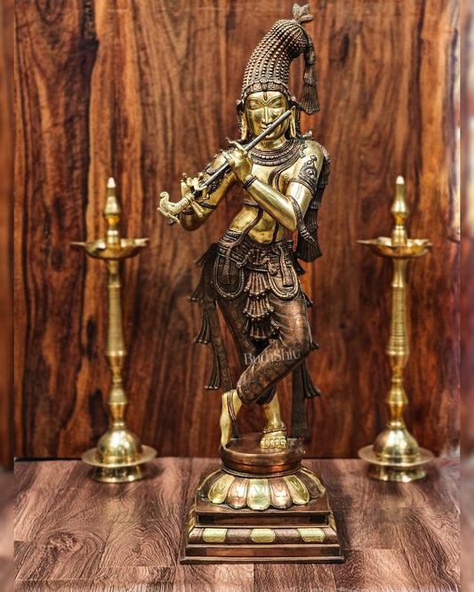 Divine Krishna Murlidhar Idol Superfine Brass | Unique Crown | 35.5 Inch/ 3 feet - Budhshiv.com