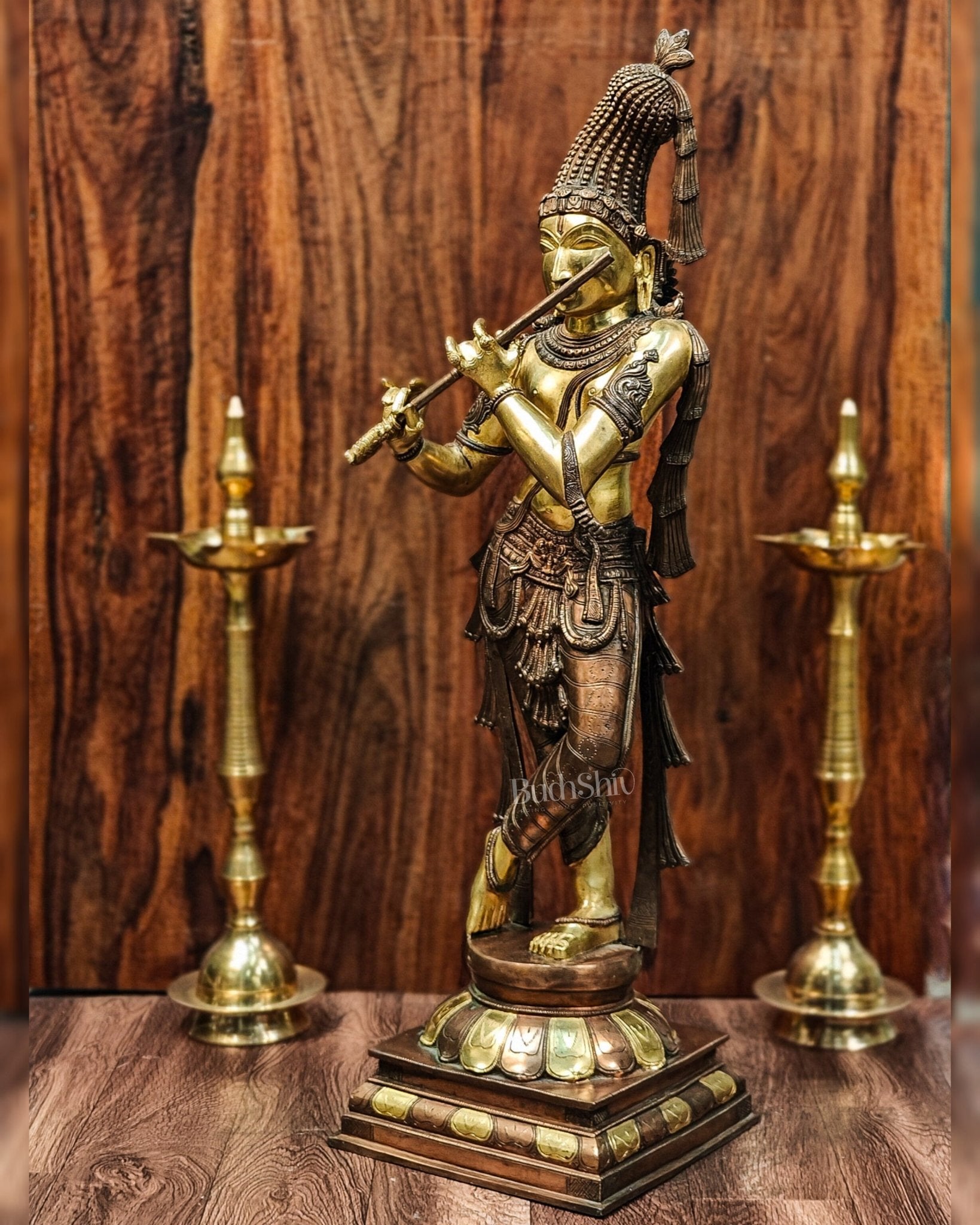 Divine Krishna Murlidhar Idol Superfine Brass | Unique Crown | 35.5 Inch/ 3 feet - Budhshiv.com
