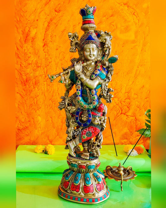 Divine Krishna Playing the Flute Statue with stonework 24 inch - Budhshiv.com