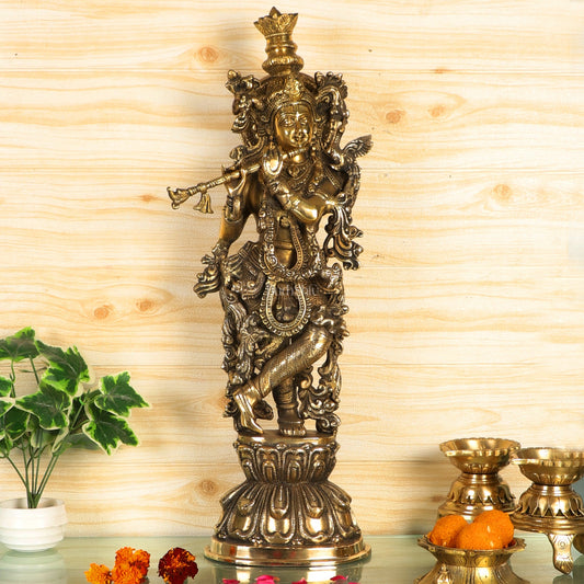 Divine Krishna Statue | Handcrafted in Fine Brass | Charcoal finish 24 inch - Budhshiv.com