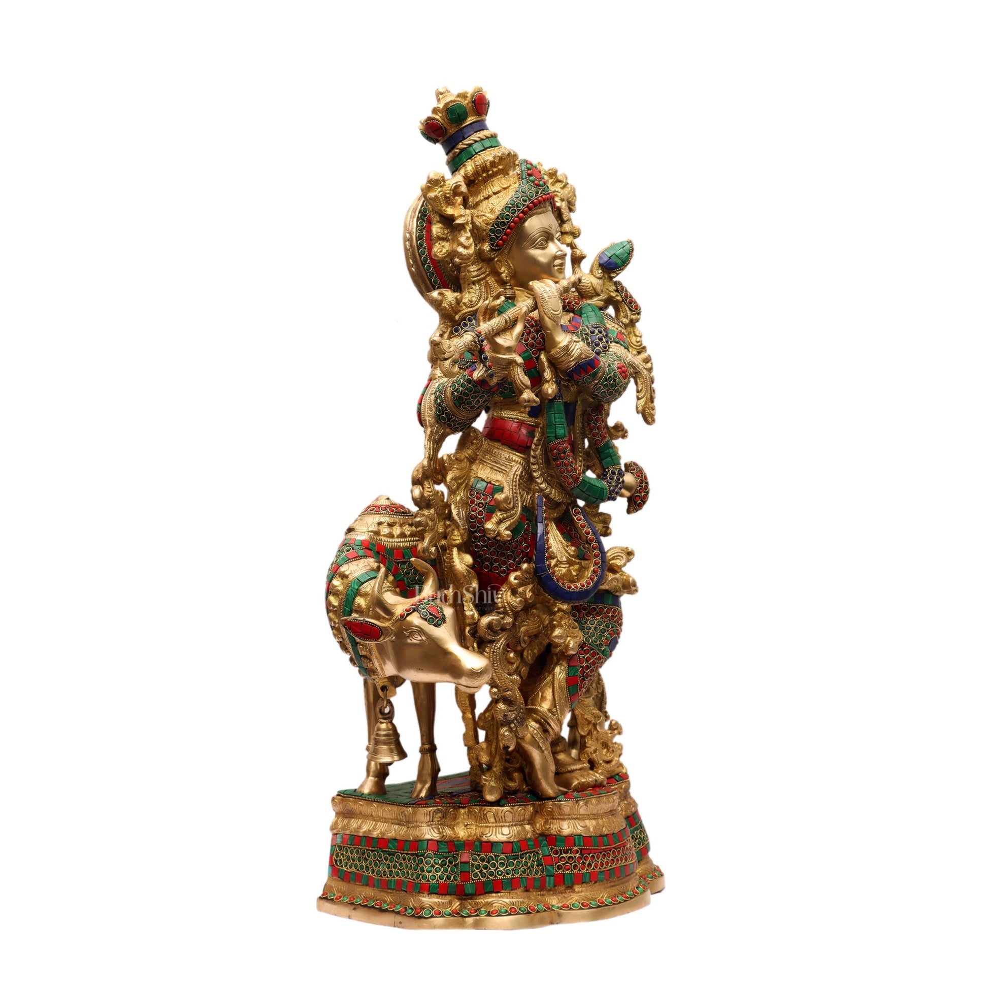 Divine Krishna with Cow Brass Idol 27 inch with stonework - Budhshiv.com