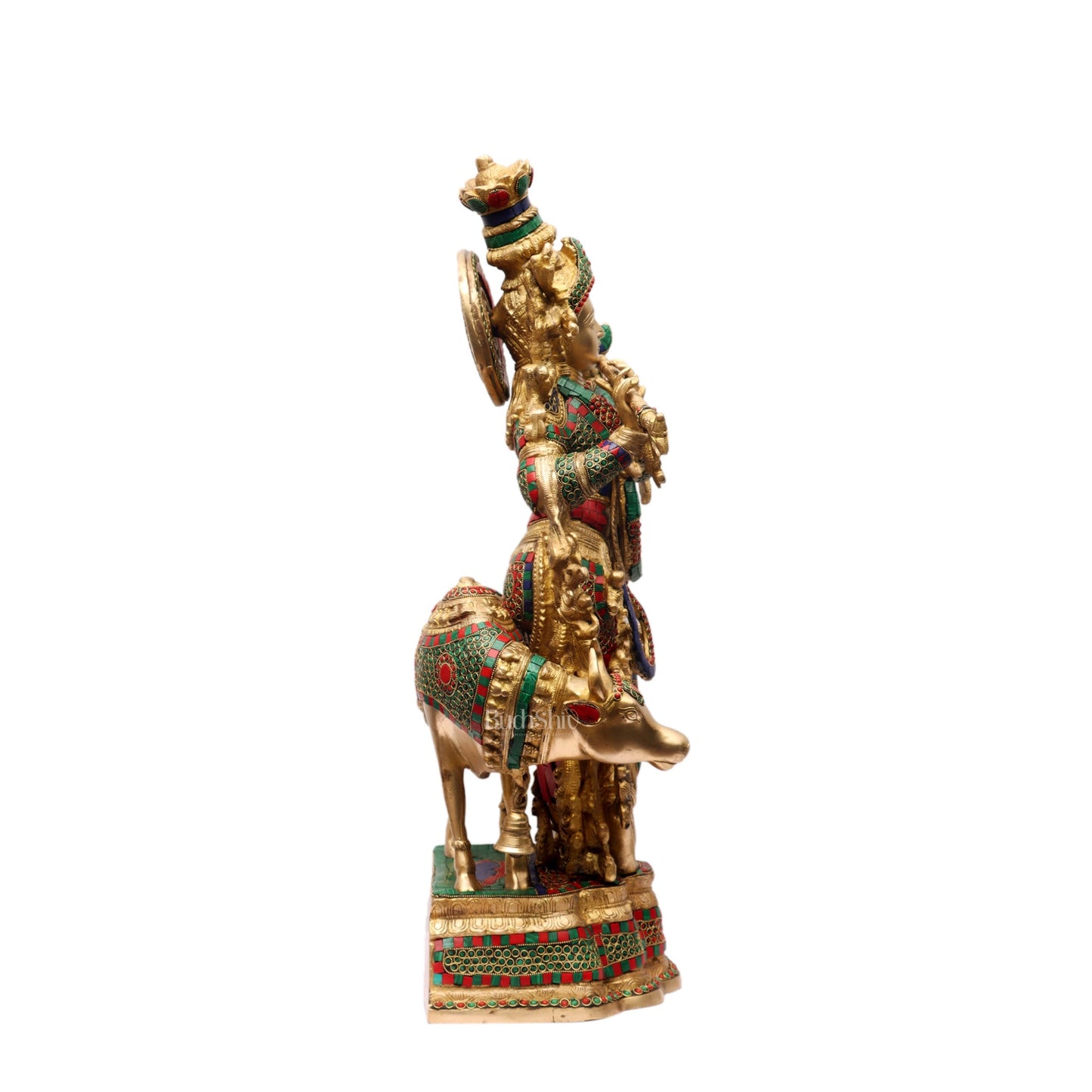 Divine Krishna with Cow Brass Idol 27 inch with stonework - Budhshiv.com