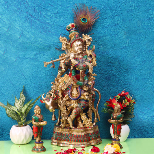 Divine Krishna with Cow Brass Idol 27 inch with stonework - Budhshiv.com