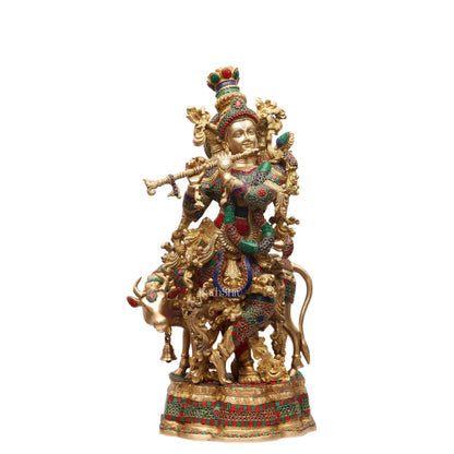 Divine Krishna with Cow Brass Idol 27 inch with stonework - Budhshiv.com