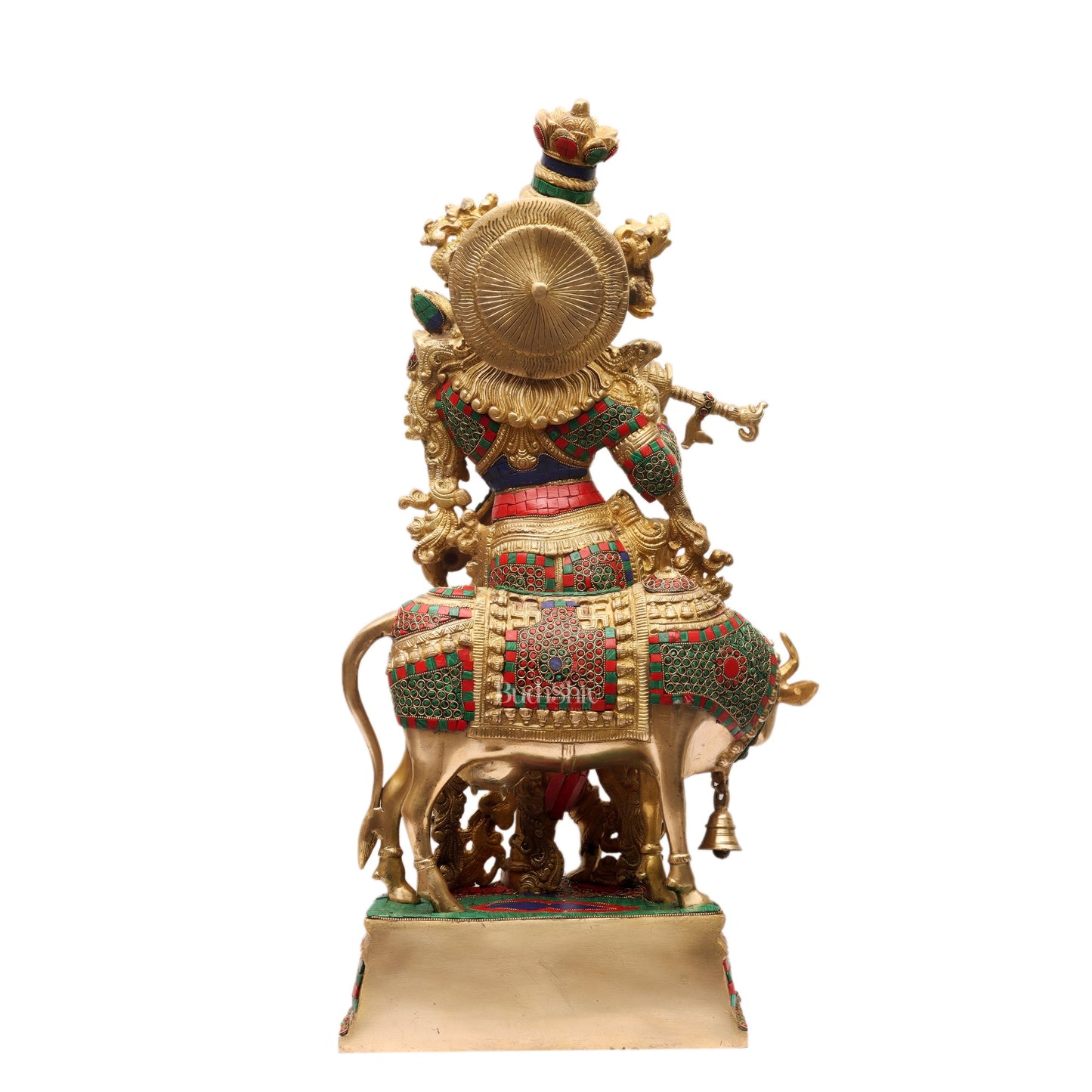 Divine Krishna with Cow Brass Idol 27 inch with stonework - Budhshiv.com