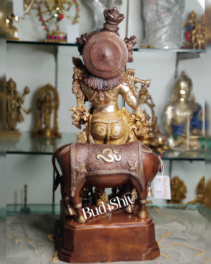 Divine Krishna with cow Brass Idol duel tone 29 inch - Budhshiv.com