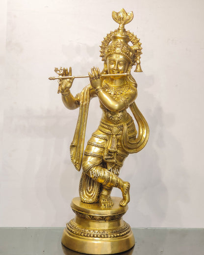 Divine Large Sized Lord Krishna Statue | Matte Brass Finish 3 feet - Budhshiv.com