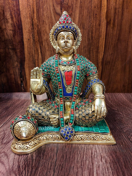 Divine Lord Hanuman Brass Idol 9.5" Tall | Meenakari Stonework - Budhshiv.com