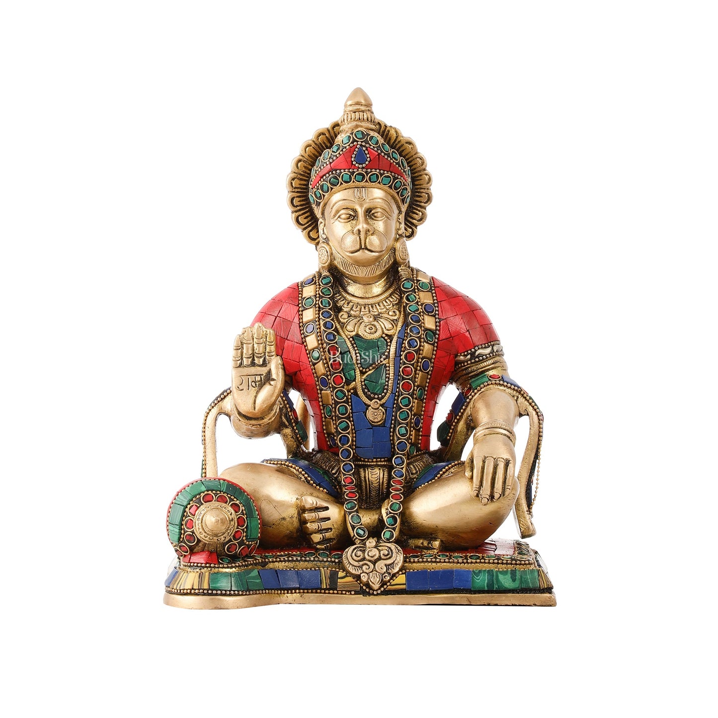 Divine Lord Hanuman Brass Idol 9.5" Tall | Meenakari Stonework - Budhshiv.com