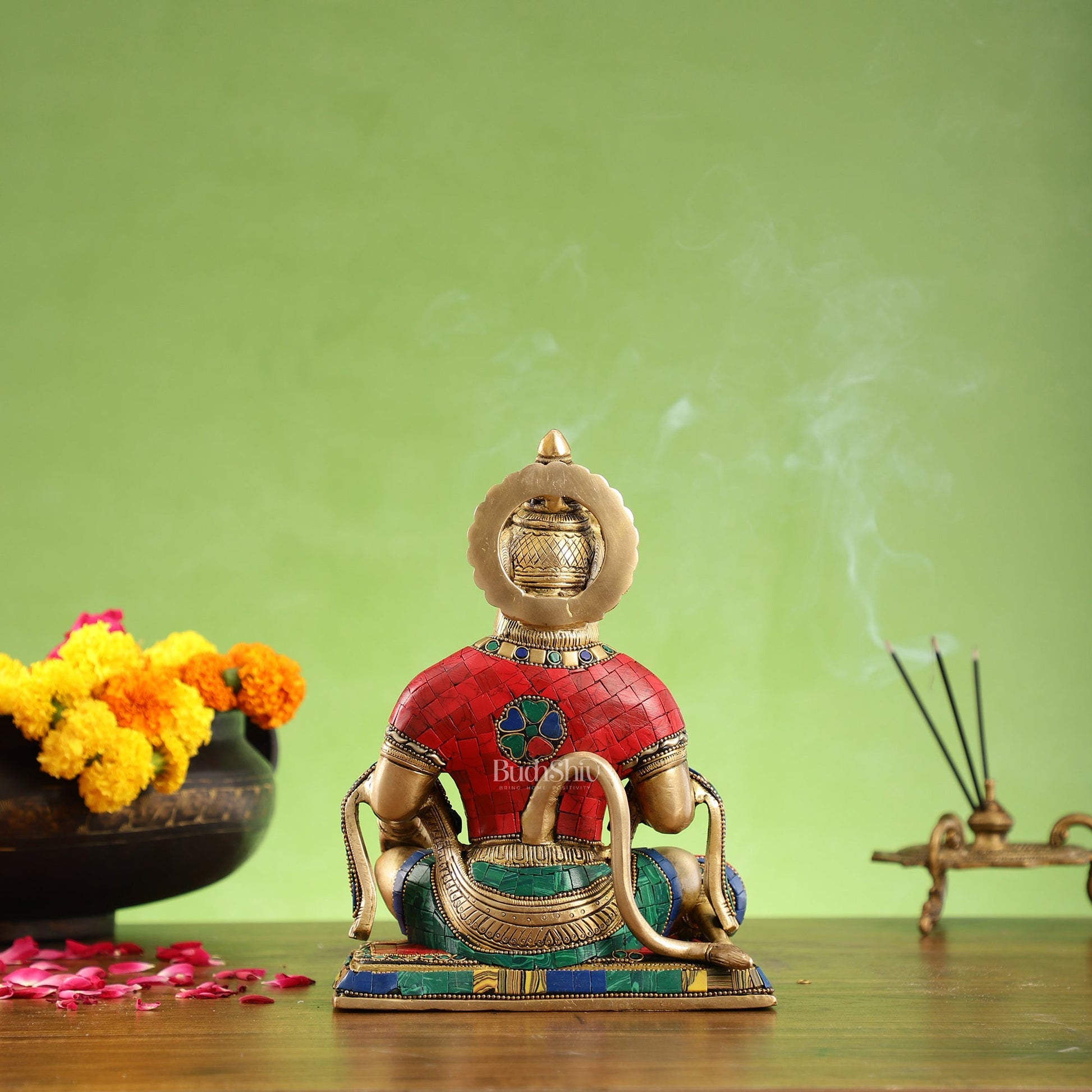 Divine Lord Hanuman Brass Idol 9.5" Tall | Meenakari Stonework - Budhshiv.com