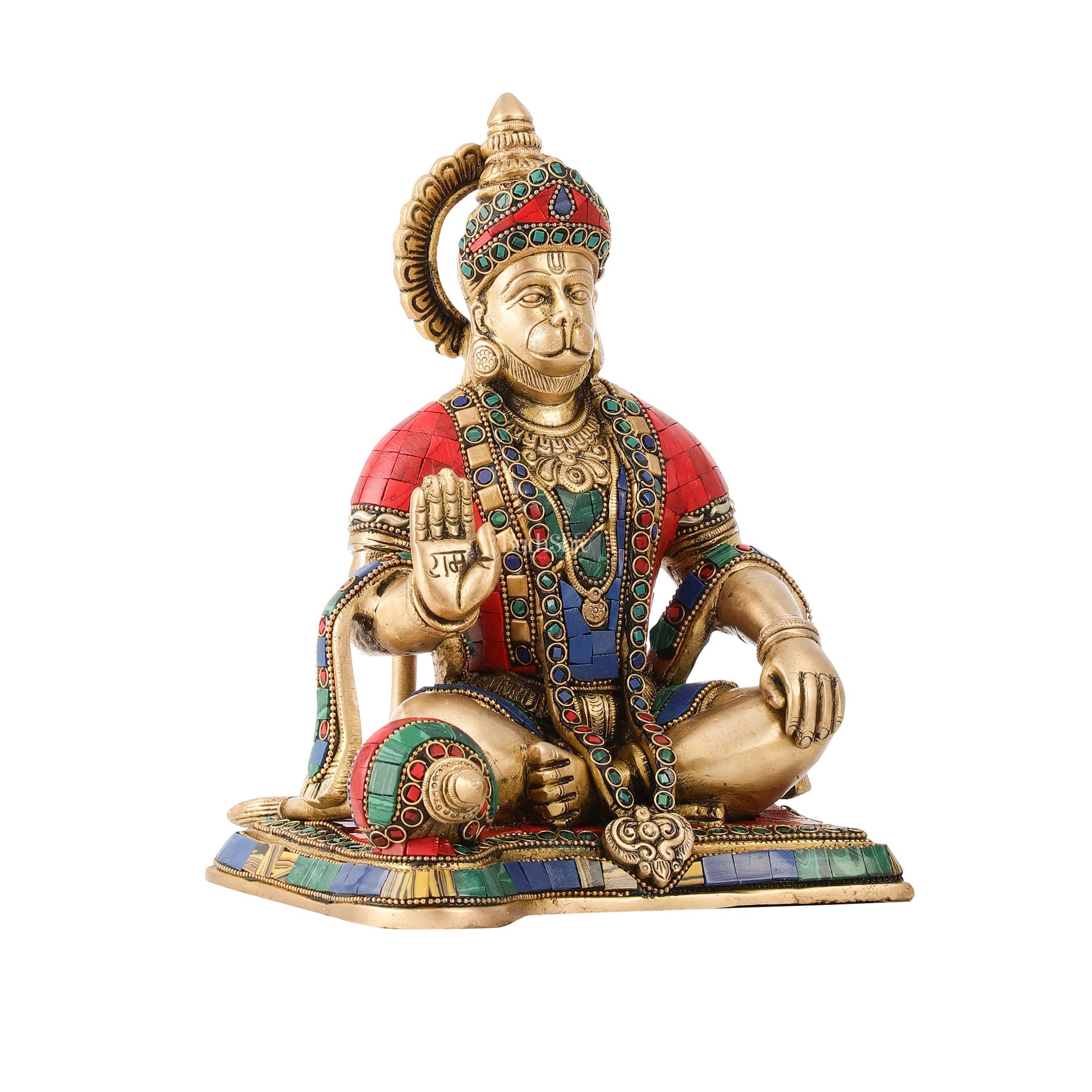 Divine Lord Hanuman Brass Idol 9.5" Tall | Meenakari Stonework - Budhshiv.com