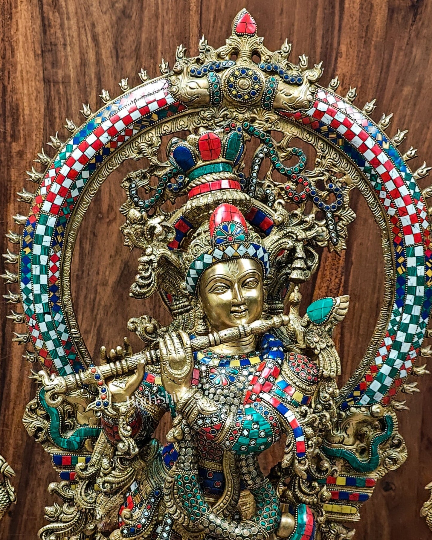 Divine Superfine Brass Krishna Statue 32 inch with stonework - Budhshiv.com