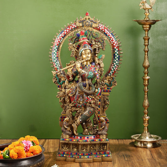 Divine Superfine Brass Krishna Statue 33 inch with stonework - Budhshiv.com