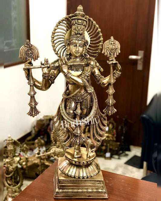 Divine Superfine Brass Krishna Statue | 4-Armed with Flute | 31 Inch - Budhshiv.com