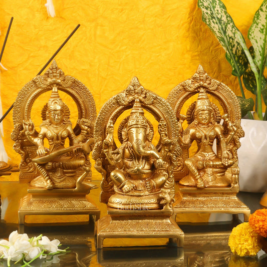 Divine Trinity: Ganesha, Lakshmi, Saraswati - Handcrafted Brass Idols 7 inches - Budhshiv.com
