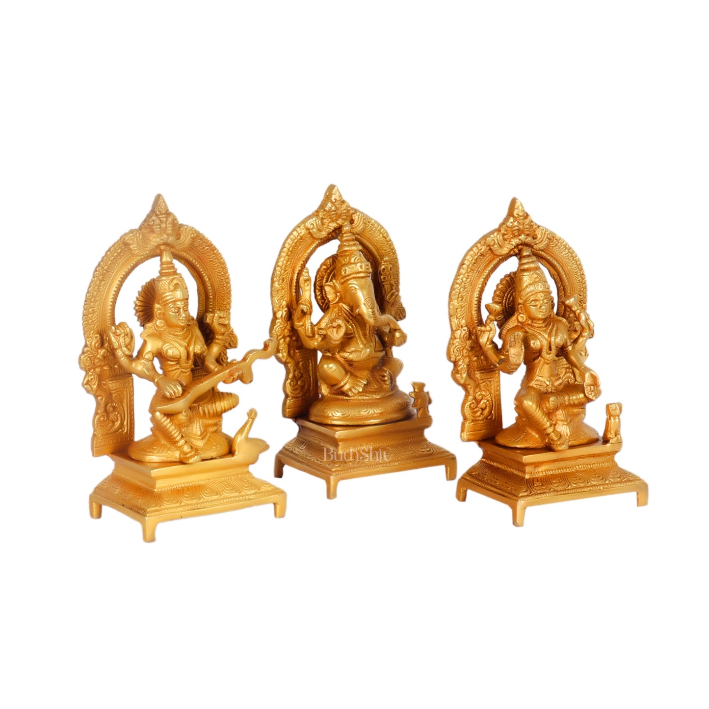 Divine Trinity: Ganesha, Lakshmi, Saraswati - Handcrafted Brass Idols 7 inches - Budhshiv.com