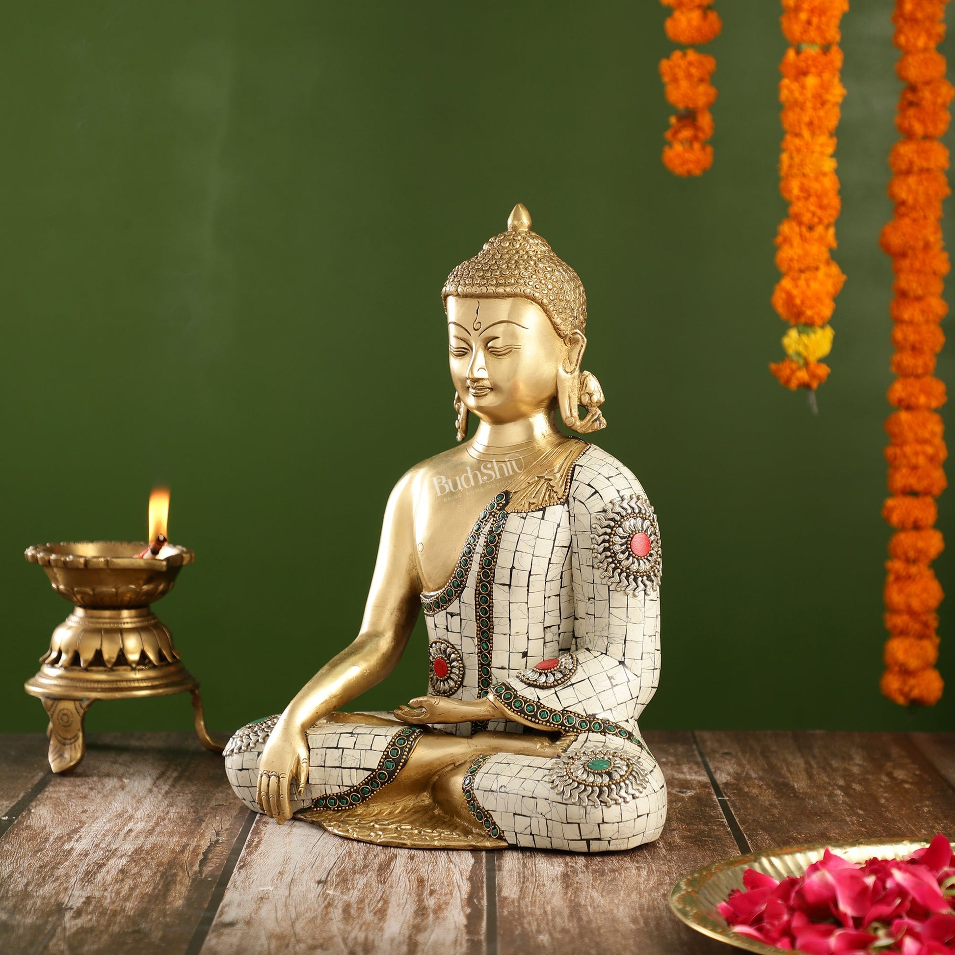 Elegant 12-Inch Brass Buddha Statue | Serene Meditative Pose - Budhshiv.com