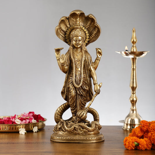 Elegant 17 Inch Brass Lord Vishnu Standing Idol with Sheshanaag Crown - Budhshiv.com