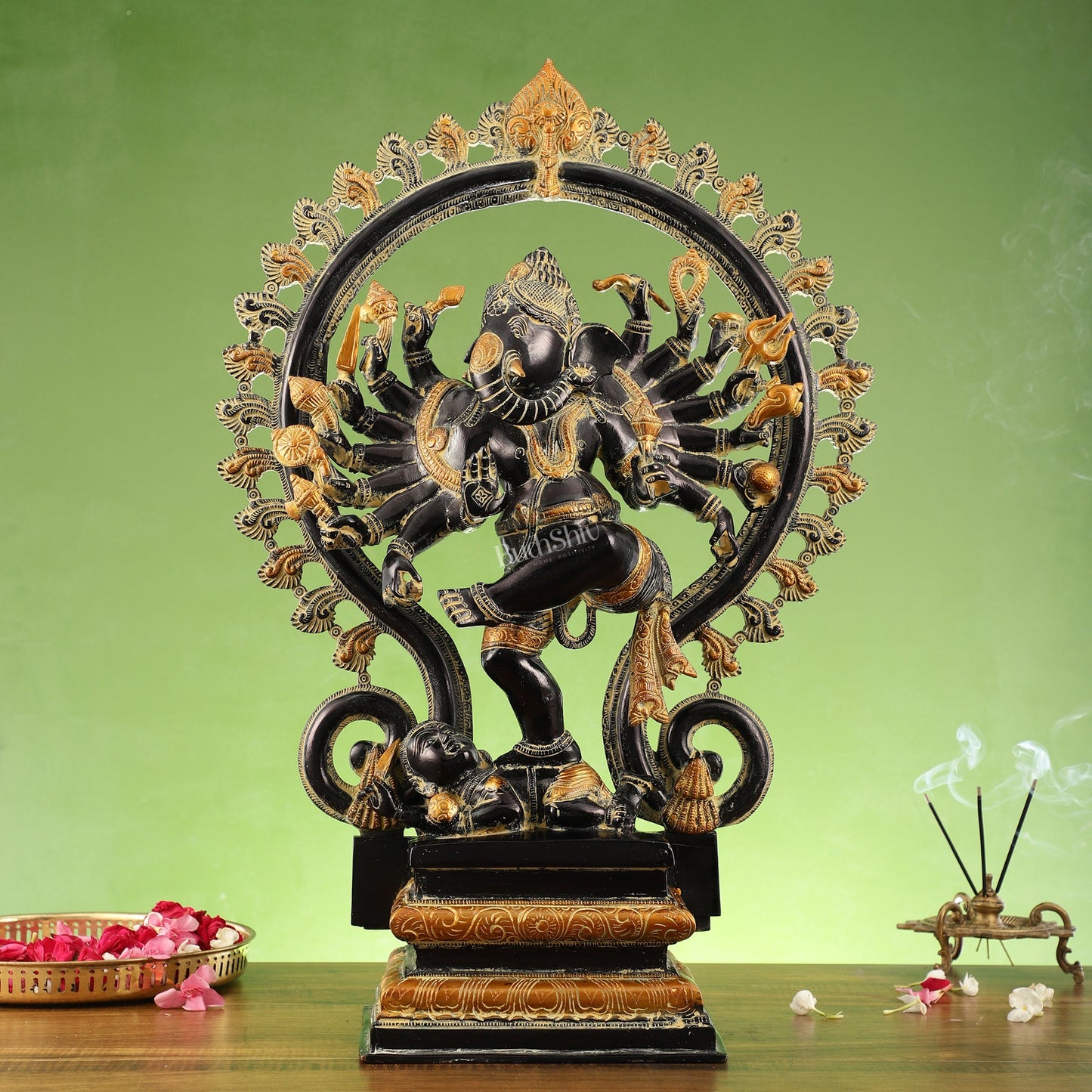 Elegant 25.5 Inch Dancing Ganesha Brass Statue with 16 Arms - Budhshiv.com