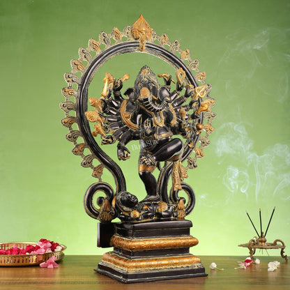 Elegant 25.5 Inch Dancing Ganesha Brass Statue with 16 Arms - Budhshiv.com