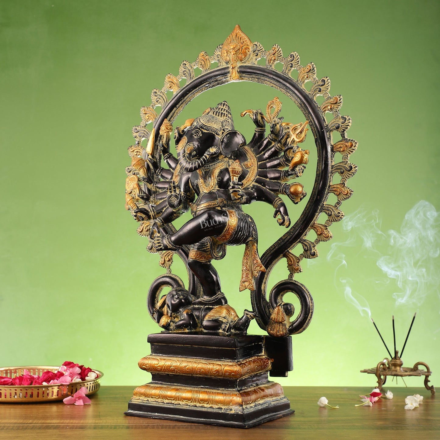 Elegant 25.5 Inch Dancing Ganesha Brass Statue with 16 Arms - Budhshiv.com