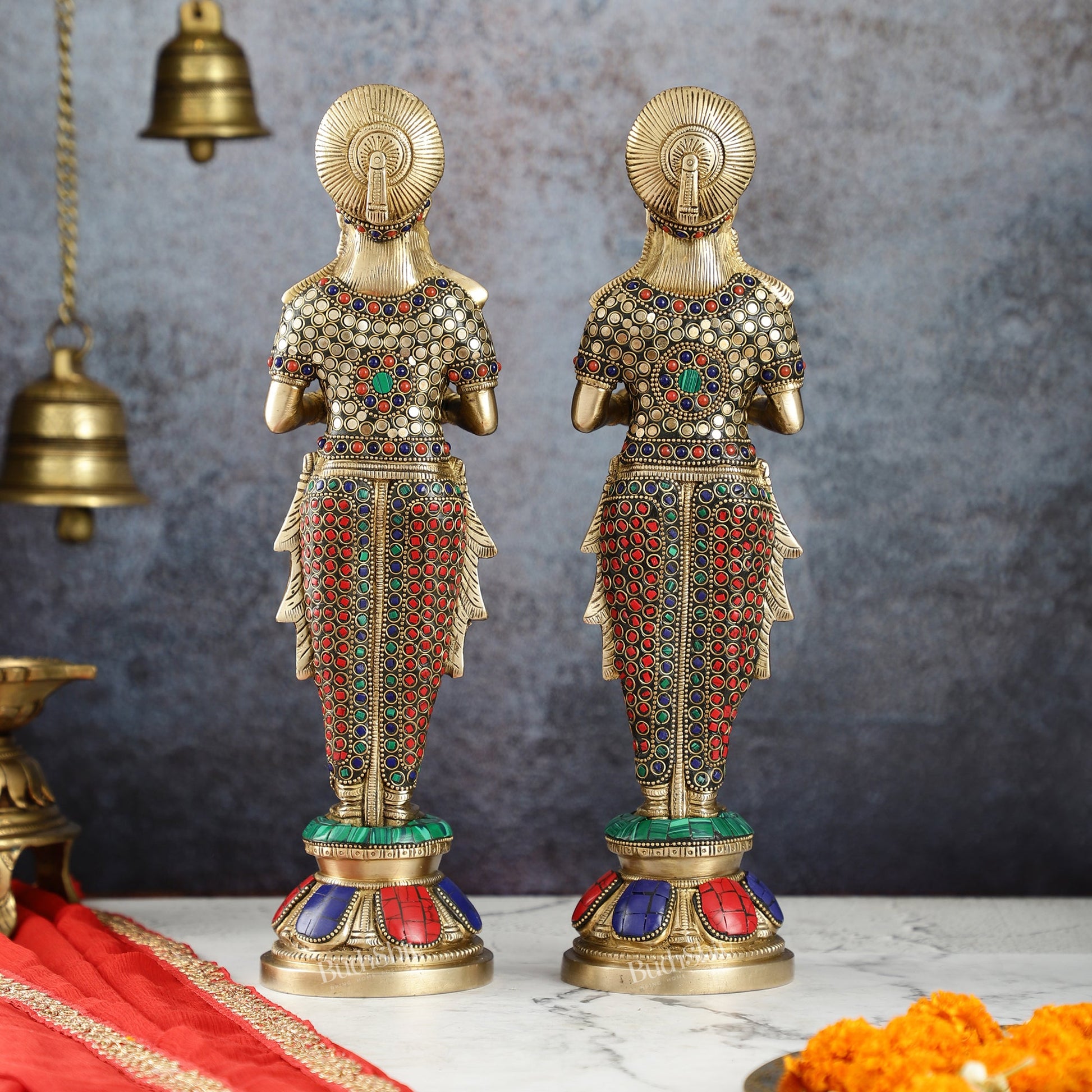 Elegant Brass Deep Lakshmi Pair Pavaai Vilakku with Stonework | 14" Height - Budhshiv.com