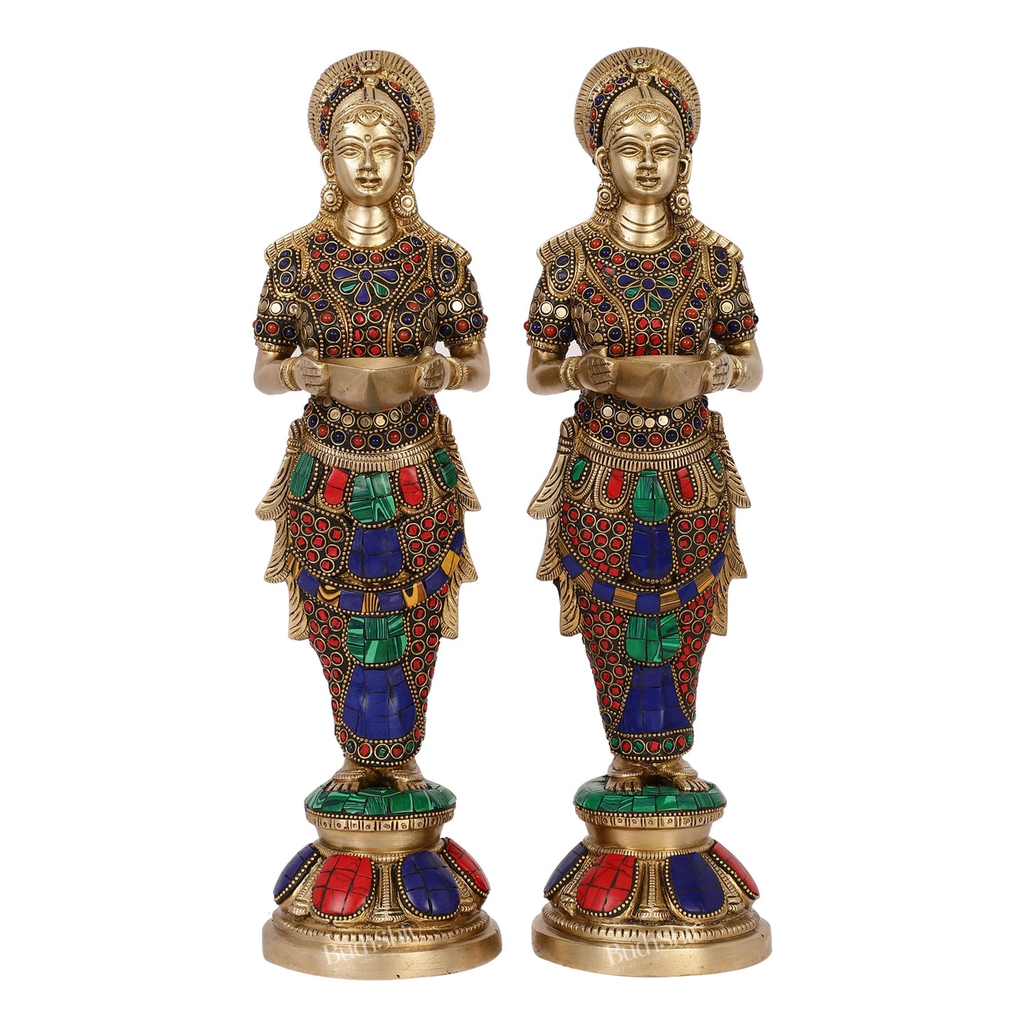 Elegant Brass Deep Lakshmi Pair Pavaai Vilakku with Stonework | 14" Height - Budhshiv.com