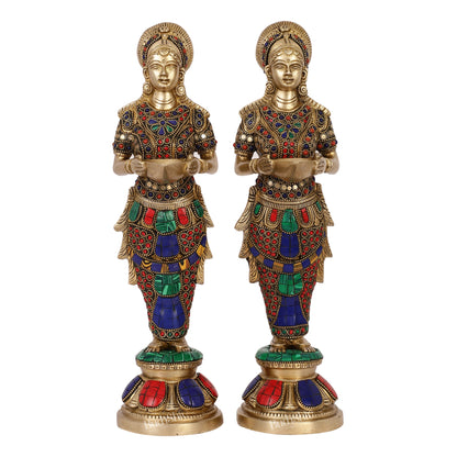 Elegant Brass Deep Lakshmi Pair Pavaai Vilakku with Stonework | 14" Height - Budhshiv.com