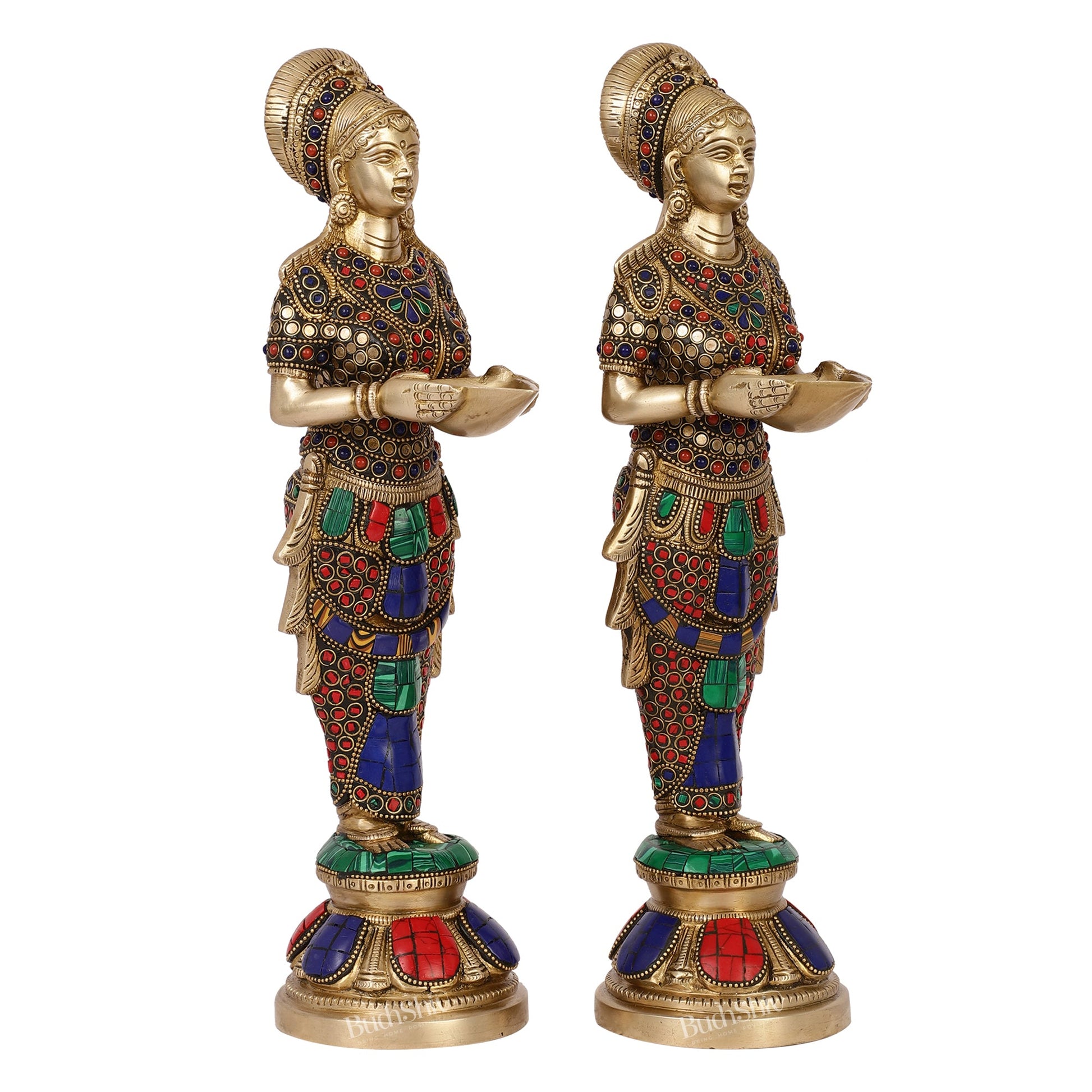 Elegant Brass Deep Lakshmi Pair Pavaai Vilakku with Stonework | 14" Height - Budhshiv.com