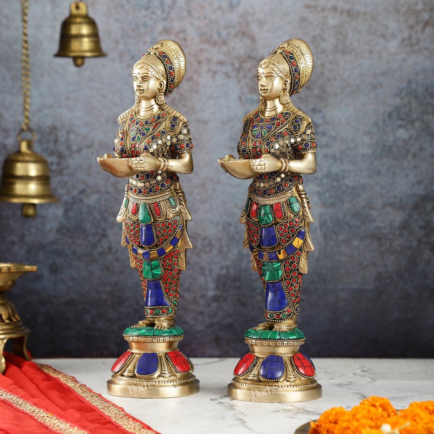 Elegant Brass Deep Lakshmi Pair Pavaai Vilakku with Stonework | 14" Height - Budhshiv.com