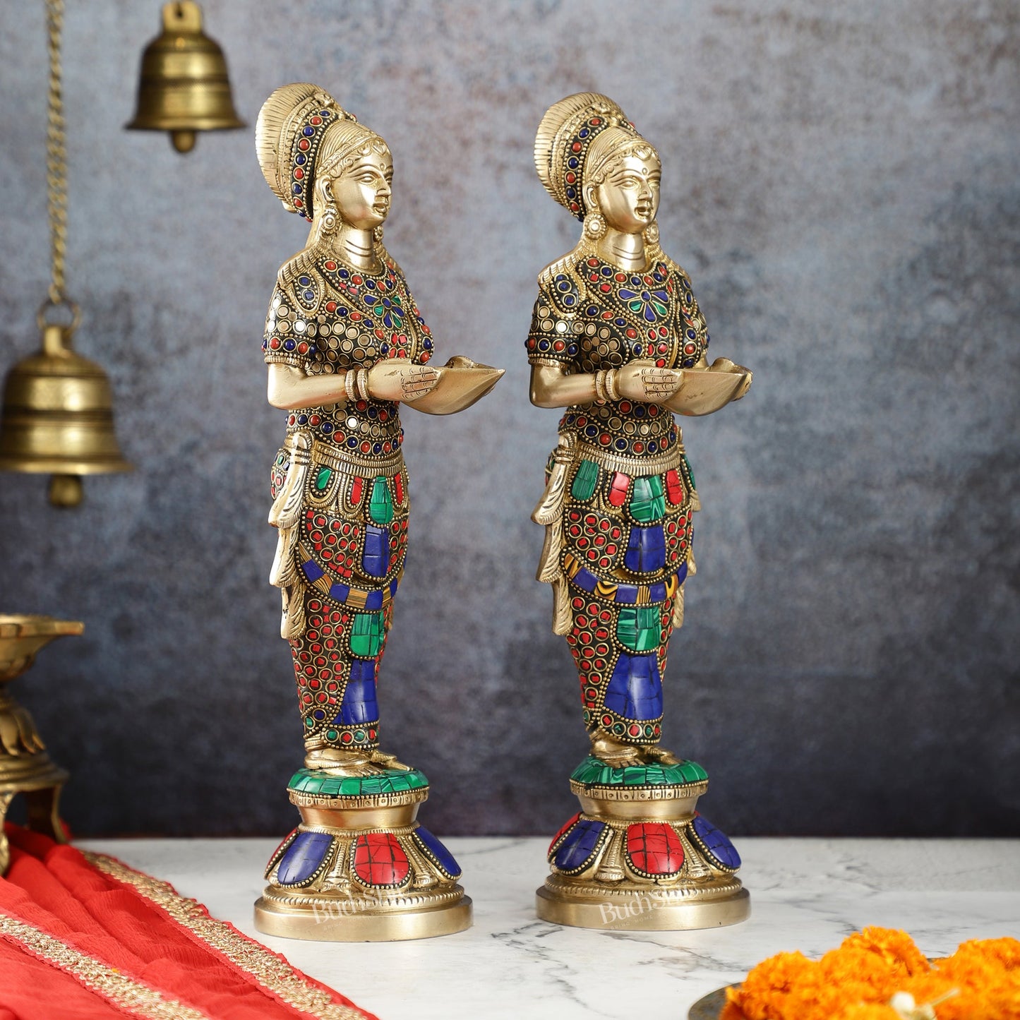 Elegant Brass Deep Lakshmi Pair Pavaai Vilakku with Stonework | 14" Height - Budhshiv.com