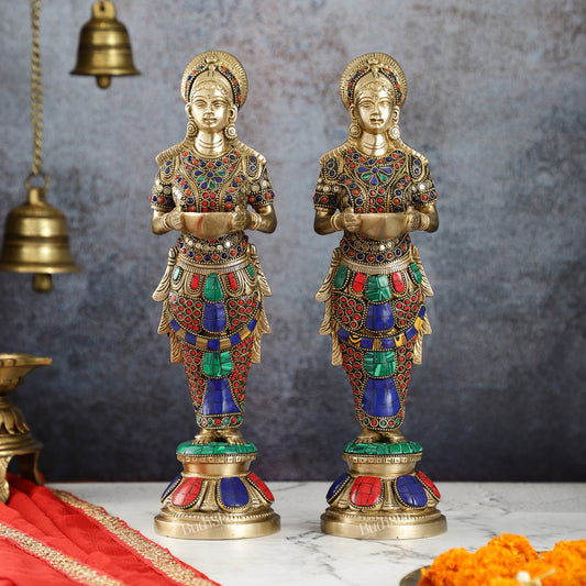 Elegant Brass Deep Lakshmi Pair Pavaai Vilakku with Stonework | 14" Height - Budhshiv.com