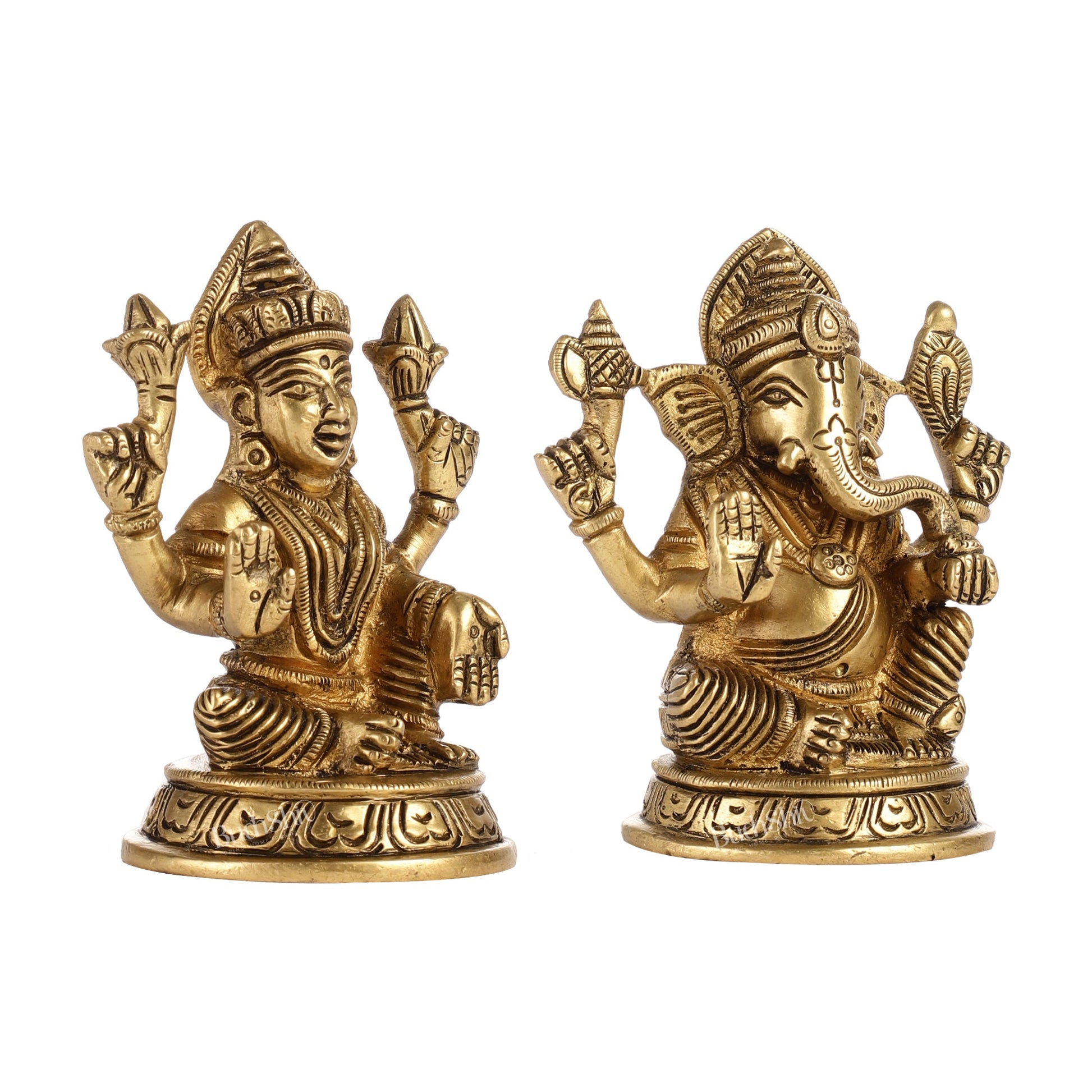 Elegant Brass Ganesha and Lakshmi Idols Pair | Height 4 inch - Budhshiv.com