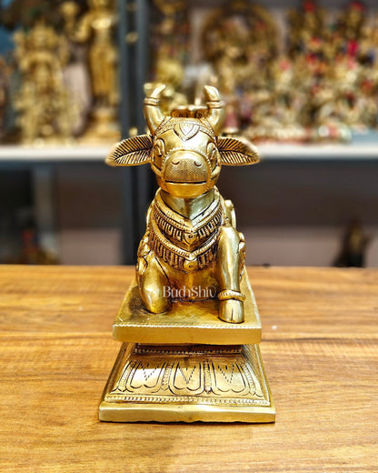 Elegant Brass Nandi Bull with Shivling Idol - 8 inch - Budhshiv.com