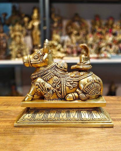 Elegant Brass Nandi Bull with Shivling Idol - 8 inch - Budhshiv.com