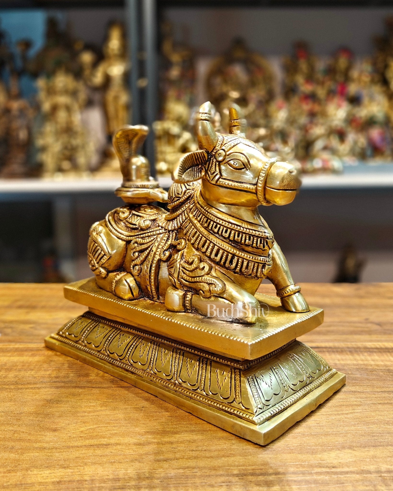 Elegant Brass Nandi Bull with Shivling Idol - 8 inch - Budhshiv.com