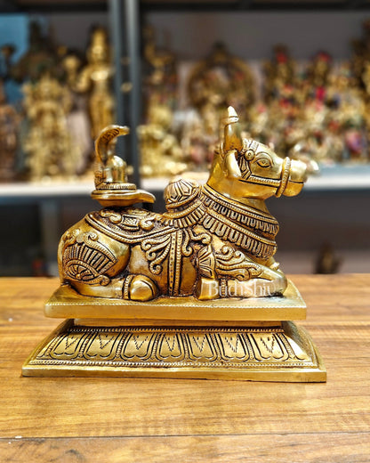 Elegant Brass Nandi Bull with Shivling Idol - 8 inch - Budhshiv.com