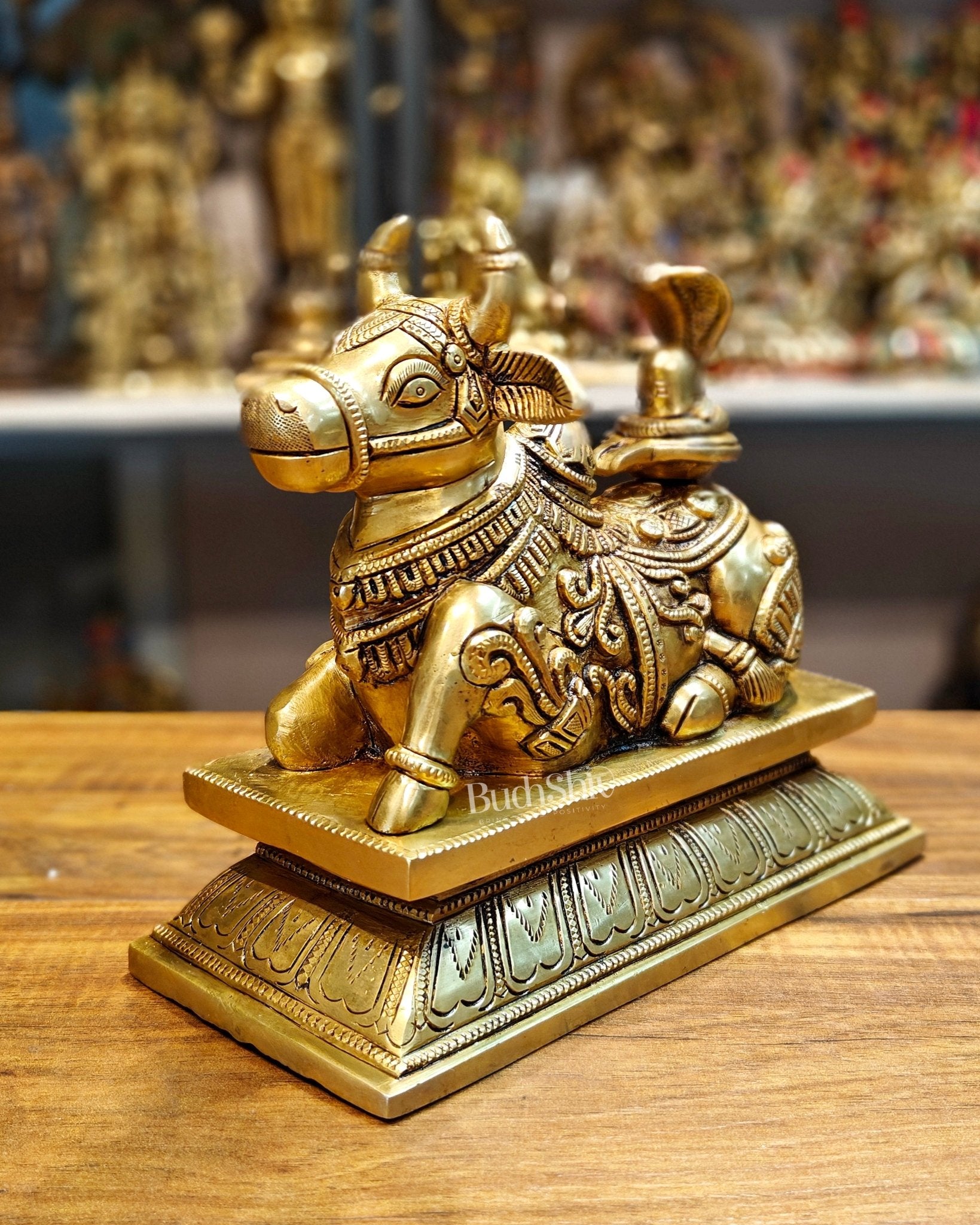 Elegant Brass Nandi Bull with Shivling Idol - 8 inch - Budhshiv.com
