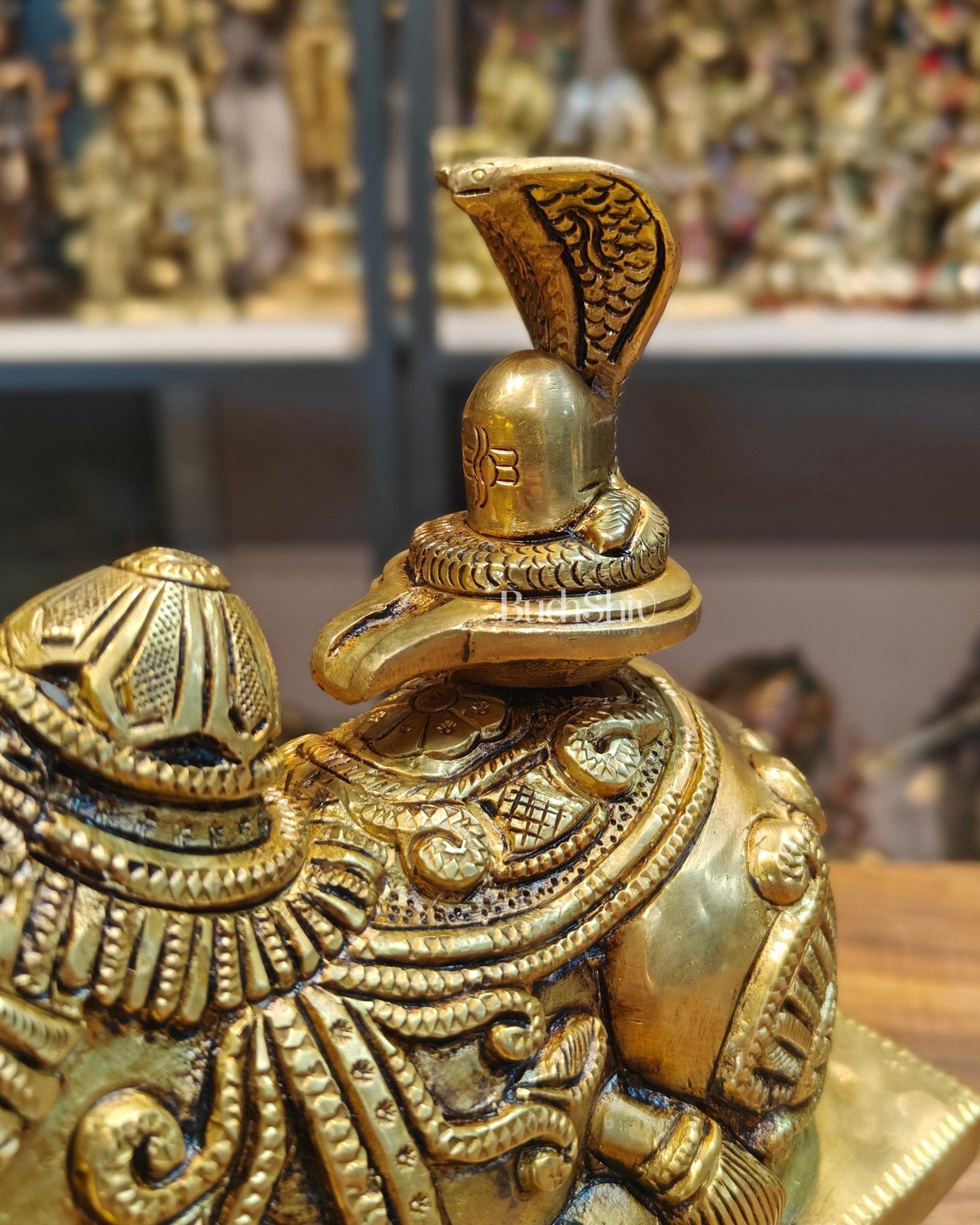 Elegant Brass Nandi Bull with Shivling Idol - 8 inch - Budhshiv.com