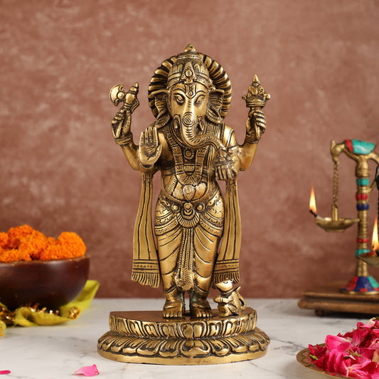 Elegant Brass Standing Blessing Ganesha Idol with 4 Arms - 12 Inch - Budhshiv.com