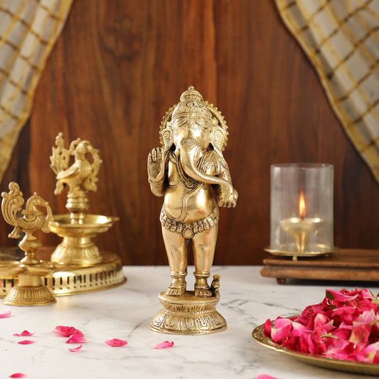 Elegant Brass Standing Ganesha with Modak | 9.5" Height - Budhshiv.com