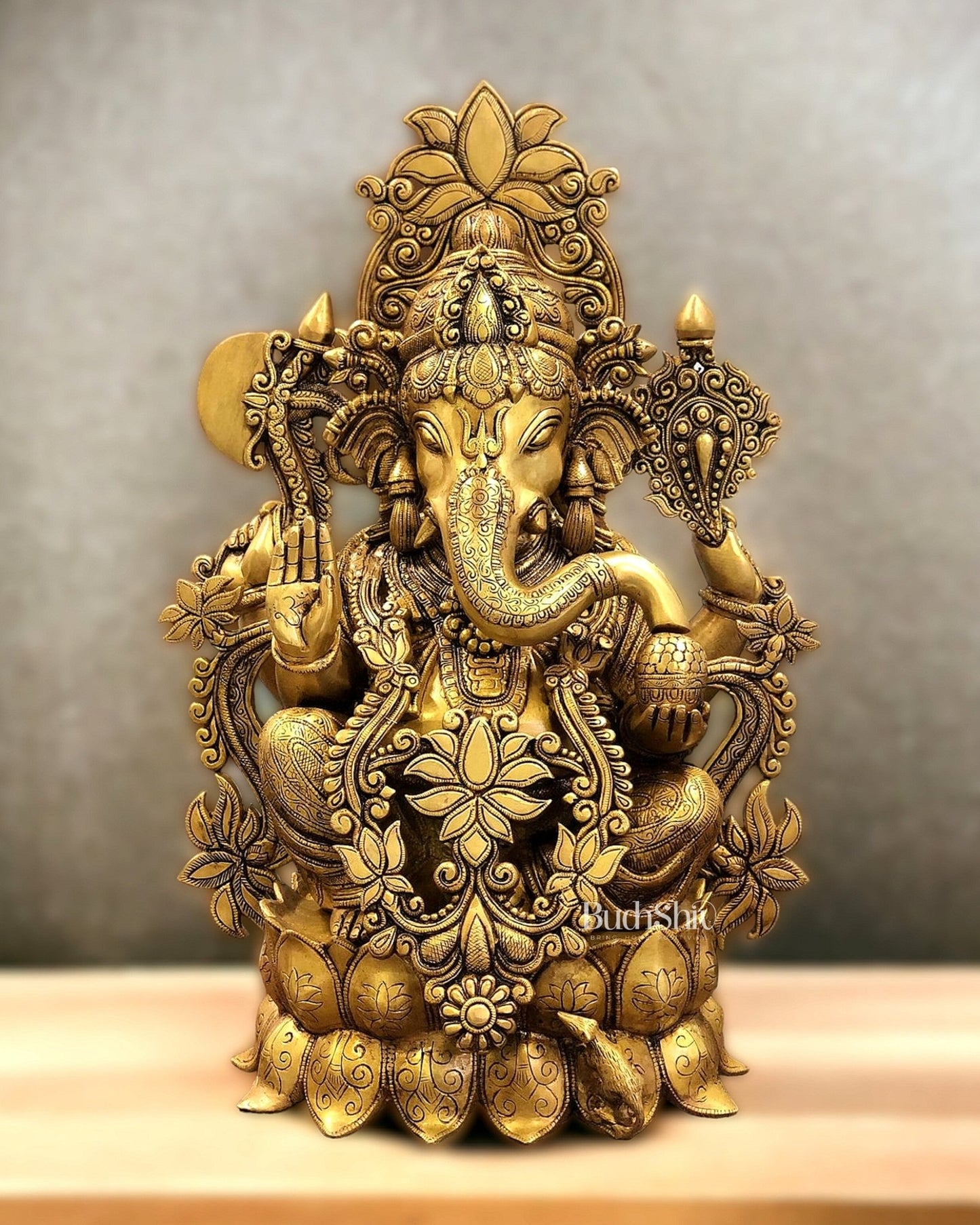 Elegant Brass Superfine Lord Ganesha Idol with Lotus - 23.5" - Budhshiv.com