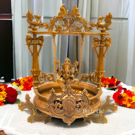 Elegant Large Brass Ganesha Swing Urli Bowl with Stand 27" - Budhshiv.com