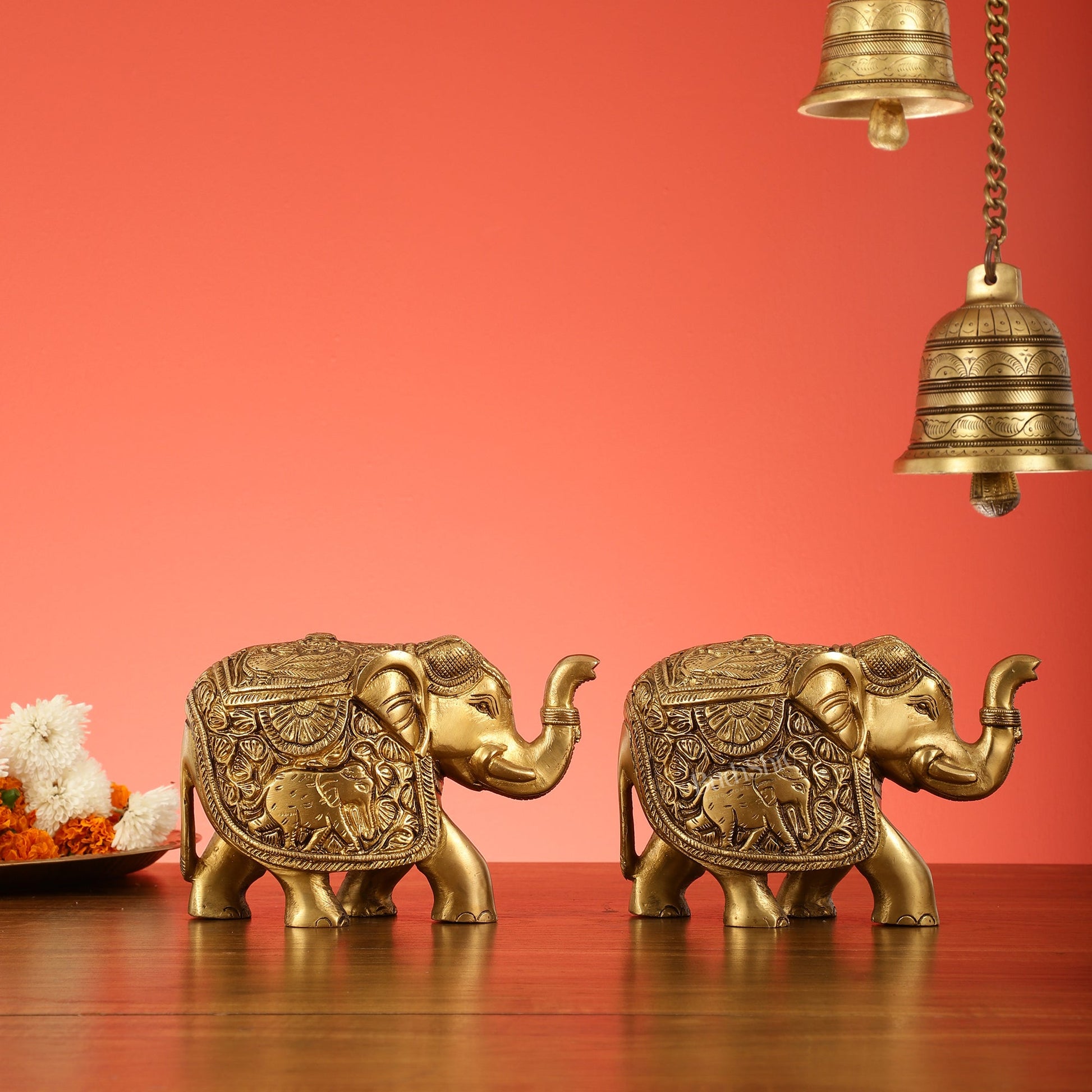 Elegant Pair of Brass Elephants - 7 inch - Budhshiv.com