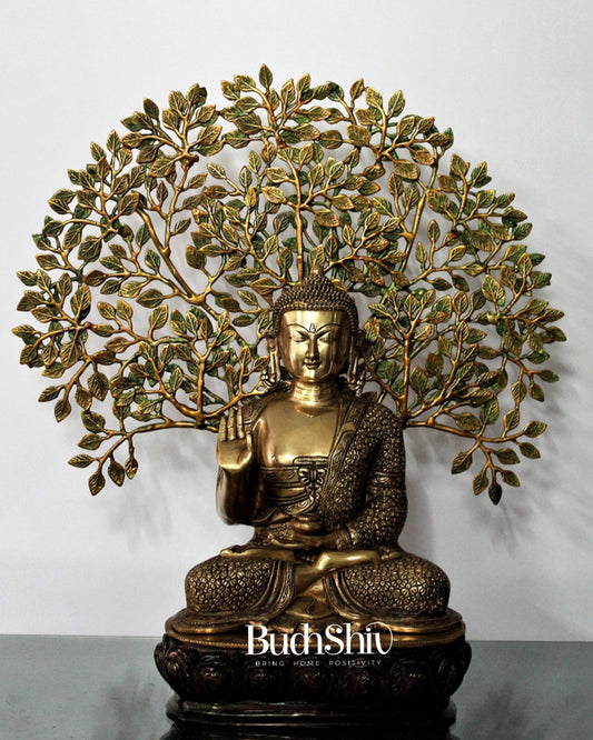 Elegant Pure Brass Buddha Statue with Kalpavriksha - 25.5 Inches - Budhshiv.com