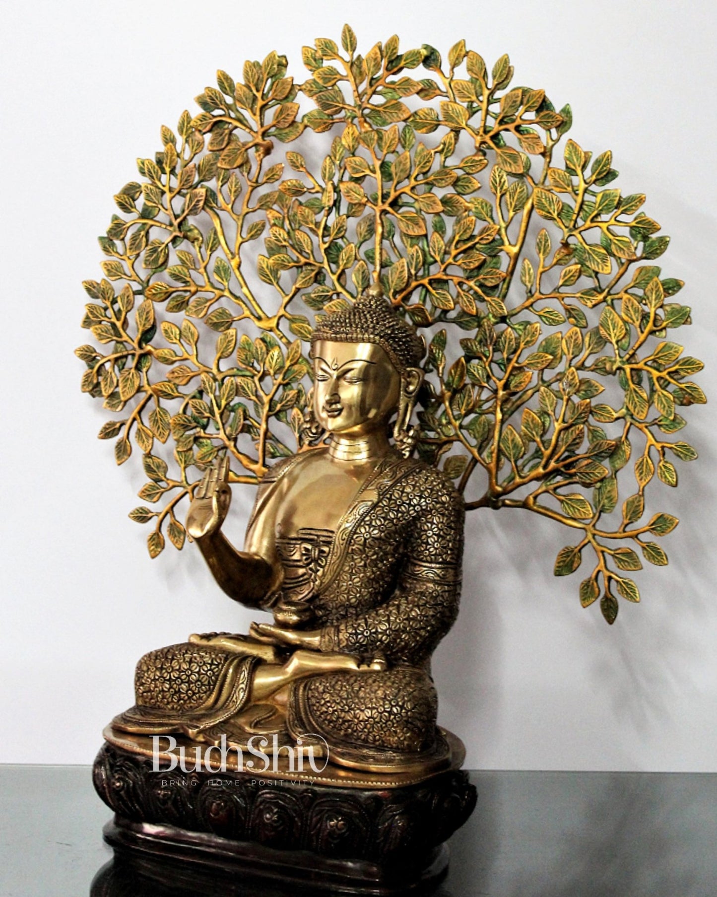 Elegant Pure Brass Buddha Statue with Kalpavriksha - 25.5 Inches - Budhshiv.com