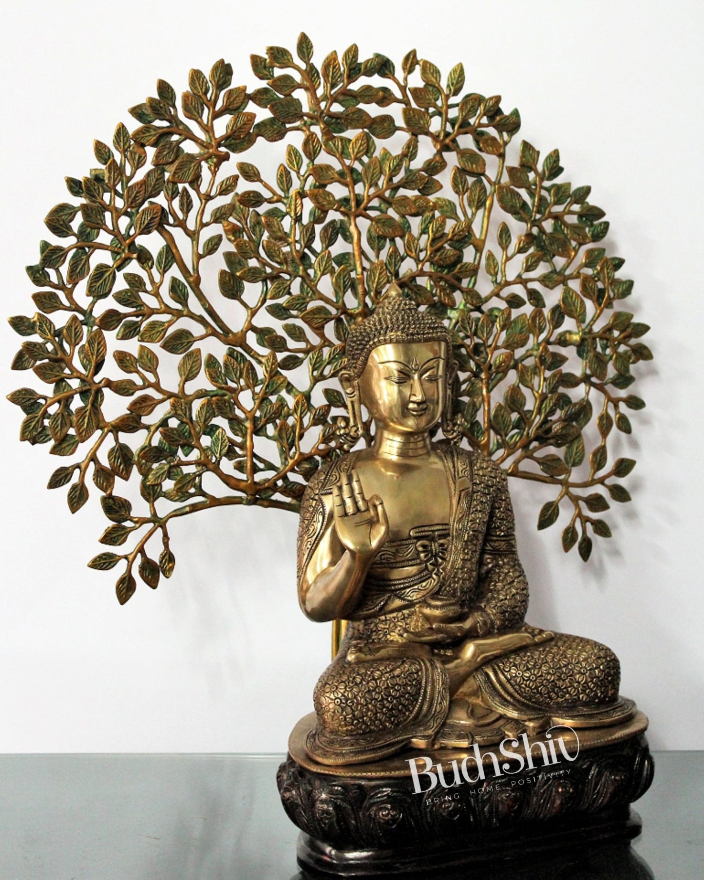 Elegant Pure Brass Buddha Statue with Kalpavriksha - 25.5 Inches - Budhshiv.com