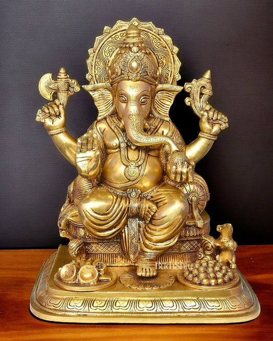 Elegant Pure Brass Superfine Lord Ganesha Statue - 17" - Budhshiv.com