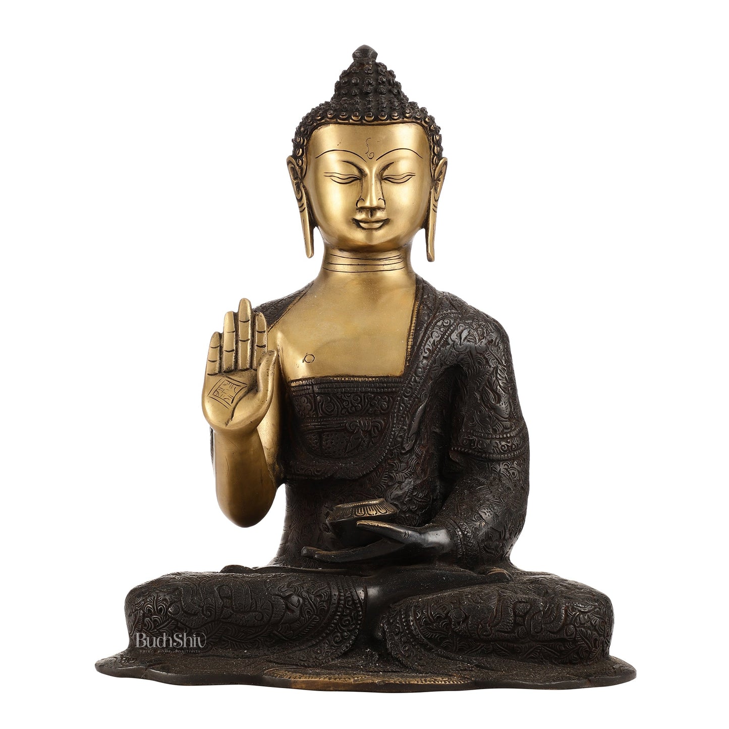 Engraved Brass Buddha Statue | Blessing Mudra | 15.5 inch - Budhshiv.com